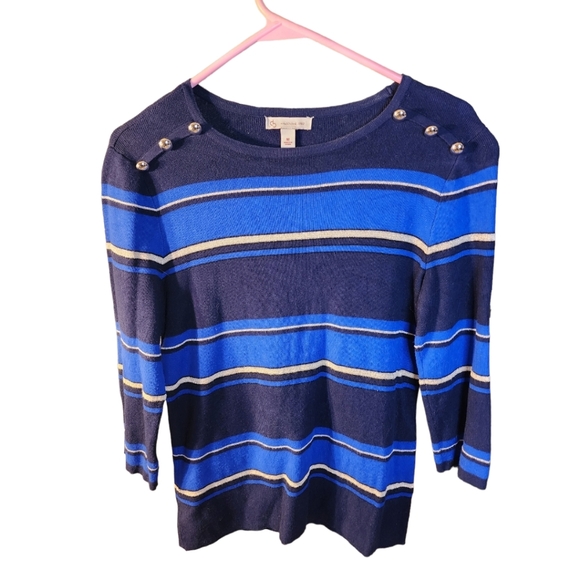 Dress Barn Blue Silver metallic stripe sweater Med - Picture 1 of 4